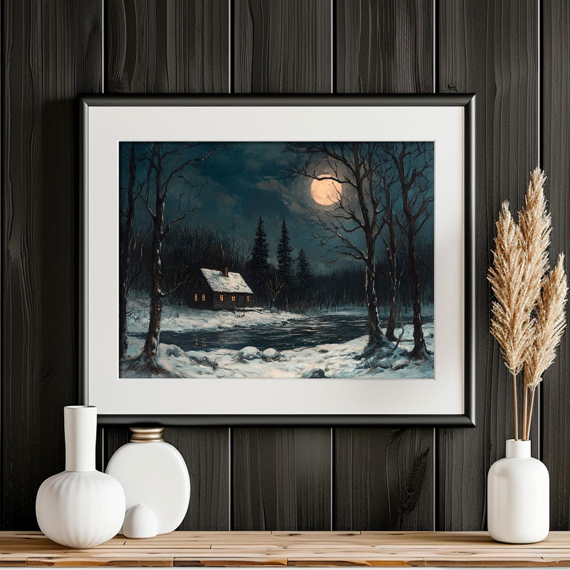 Winter Night Forest Wall Art Rustic Cottage Print Dark Moody Landscape Painting - Image 5