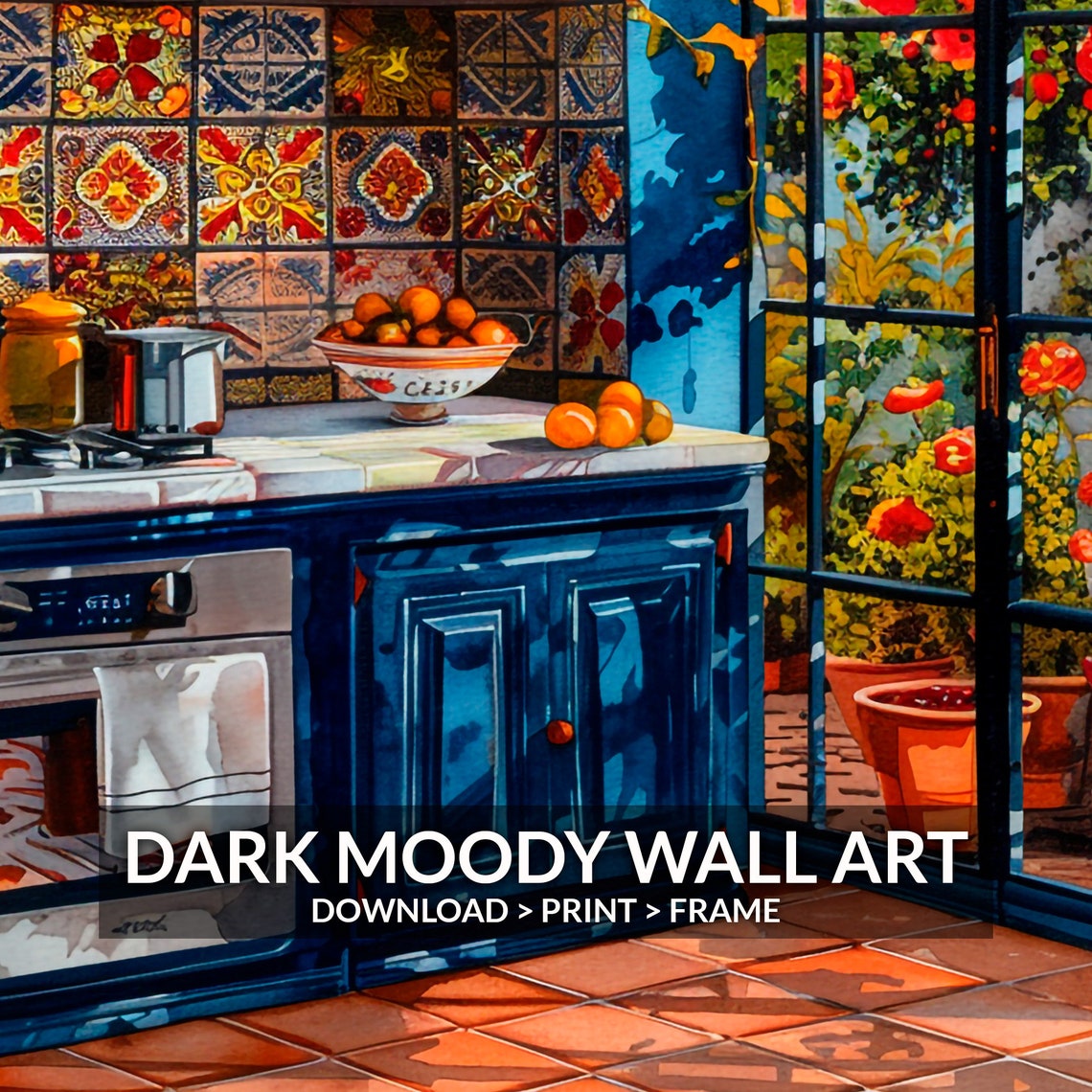Mexican Kitchen Blue Cabinets Talavera Plates Garden Window Art Poster - Image 6