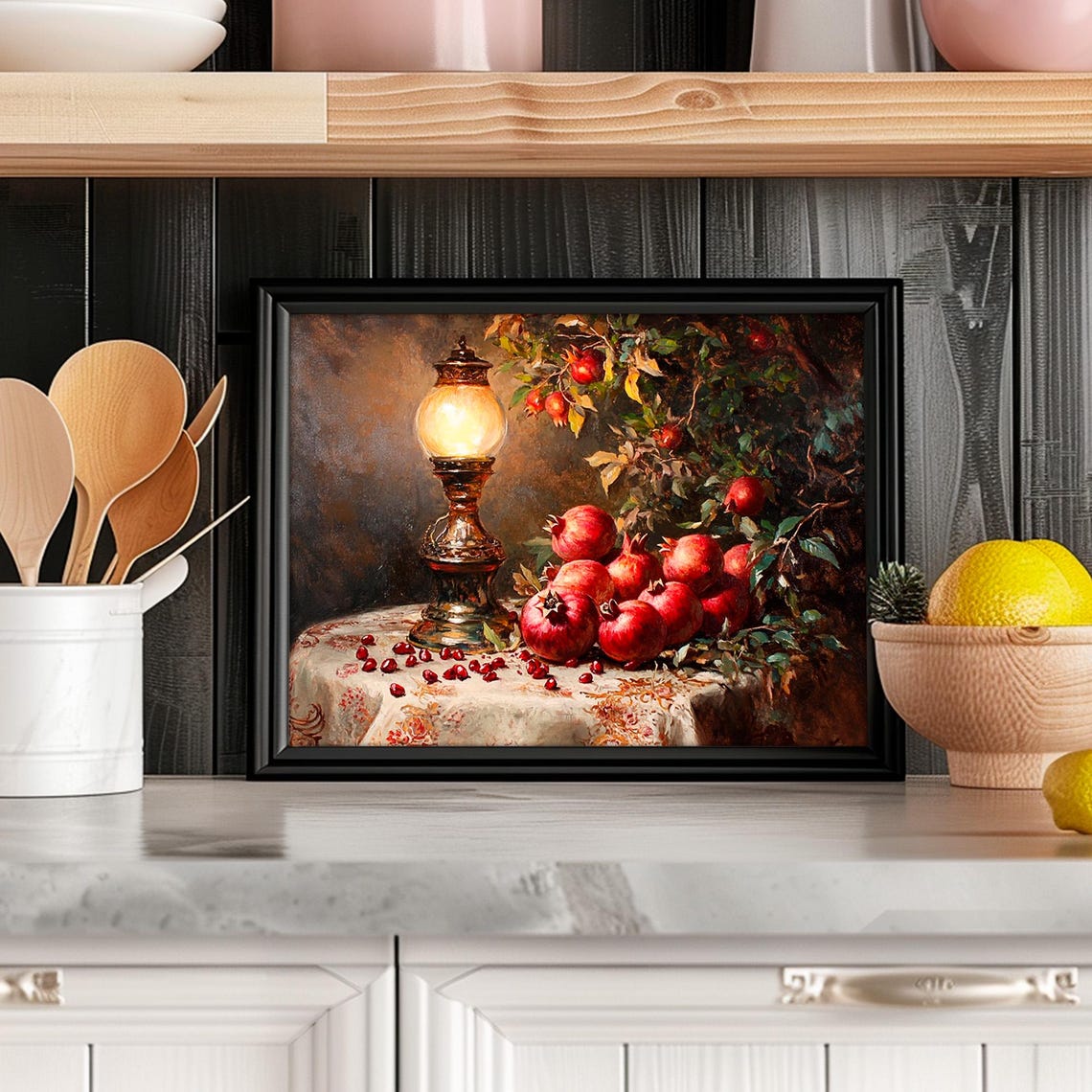 Pomegranate Wall Art Fall Wall Art Autumn Vintage Kitchen Wall Art Rustic Fall Decor Dark Moody Print Fruit Oil Painting - Image 2