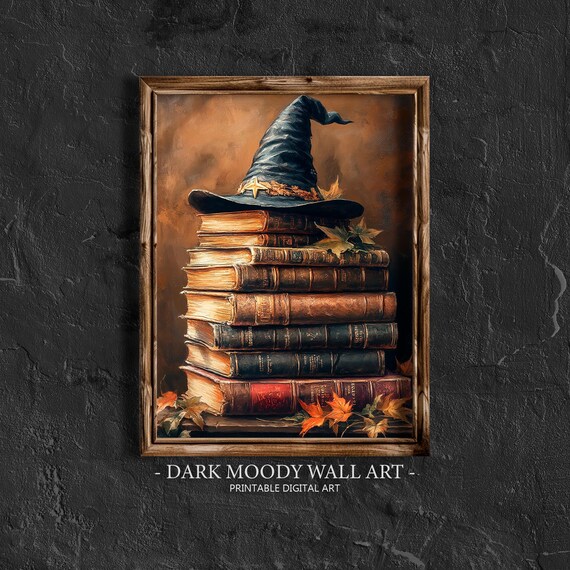 Witch Hat on Stack of Old Books Autumn Leaves Halloween Poster