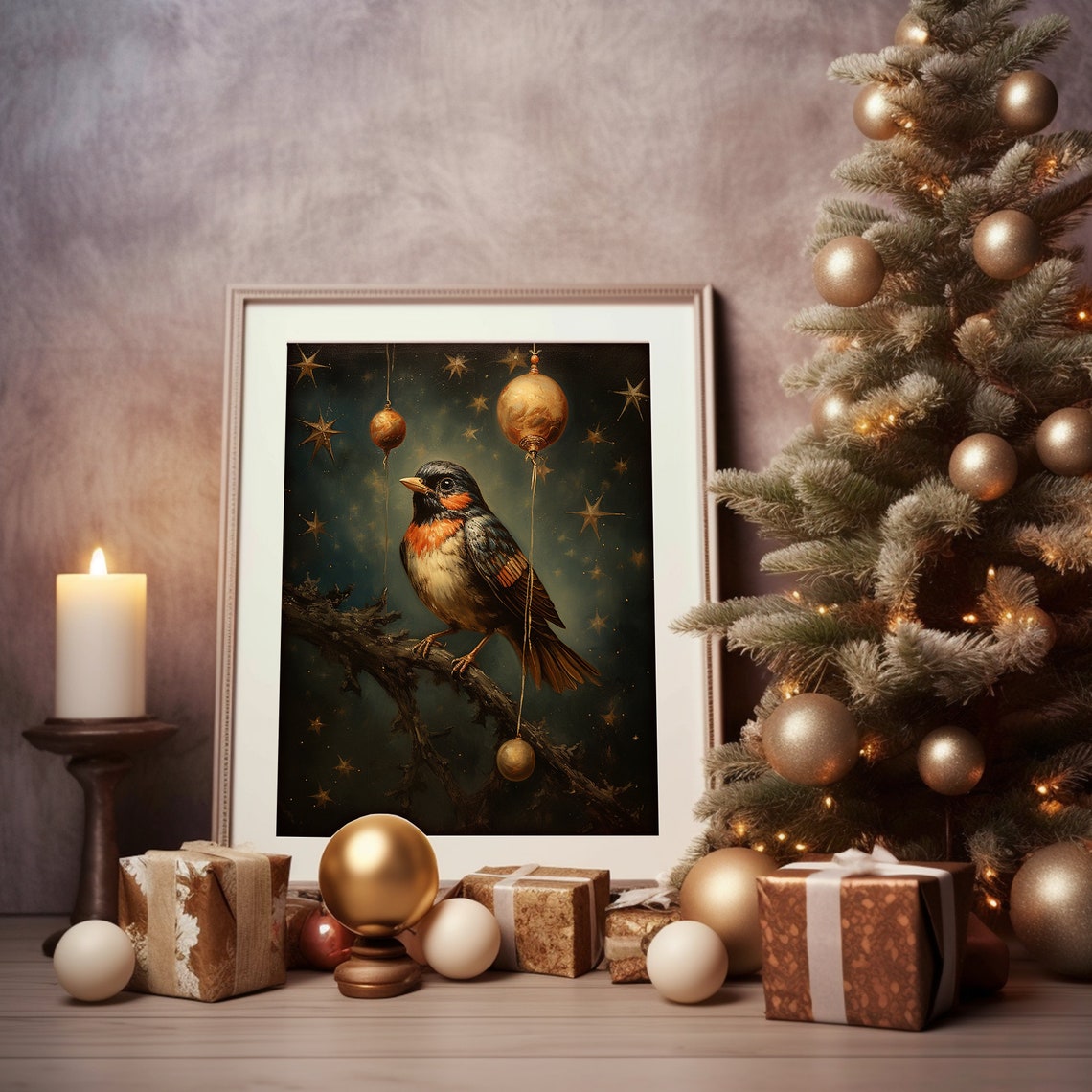 Christmas Bird Golden Baubles Starry Night Holiday Painting Poster - Image 5
