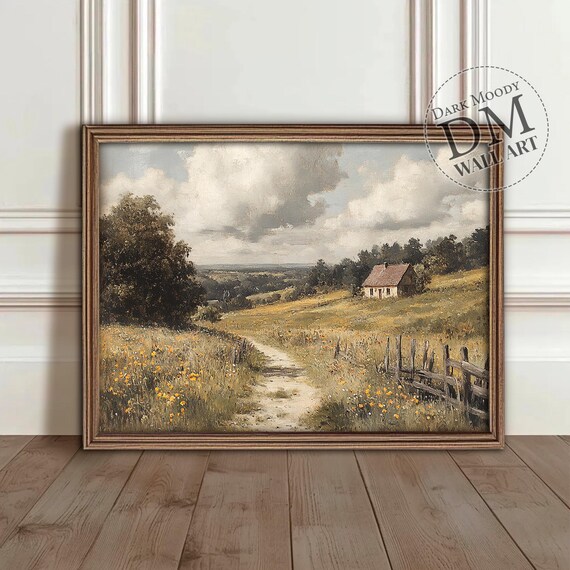 French Countryside Cottage Poster Wildflower Meadow Path Painting Art