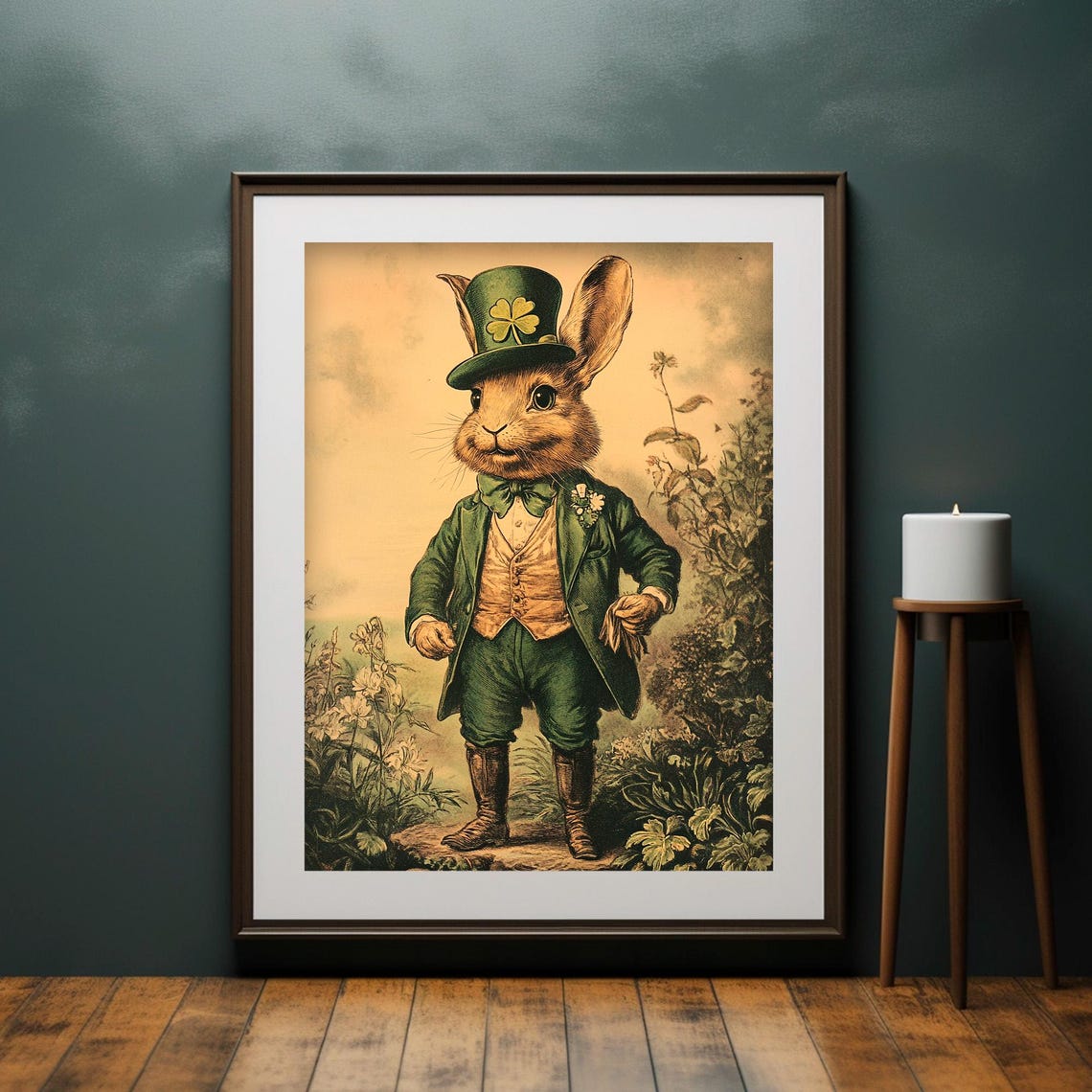 Dapper Rabbit In Green Suit Top Hat Shamrock St Patricks Day Wall Art - Image 4