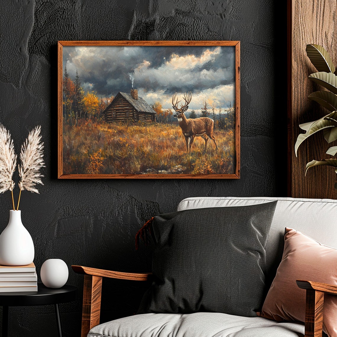 Rustic Log Cabin Deer Autumn Meadow Stormy Sky Painting Poster - Image 4