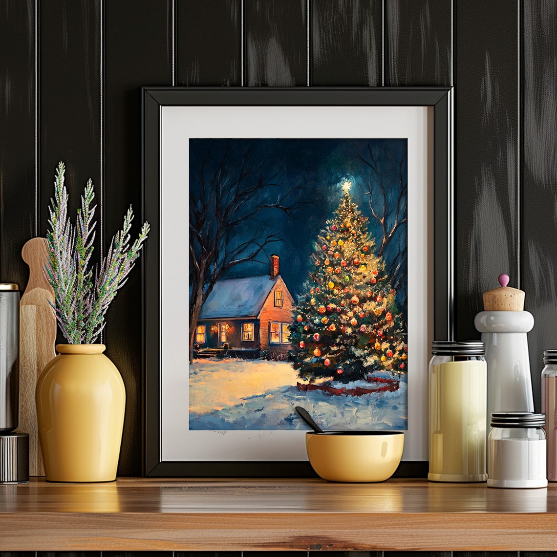 Outdoor Christmas Tree Glowing Beside Cottage Night Art Print - Image 4