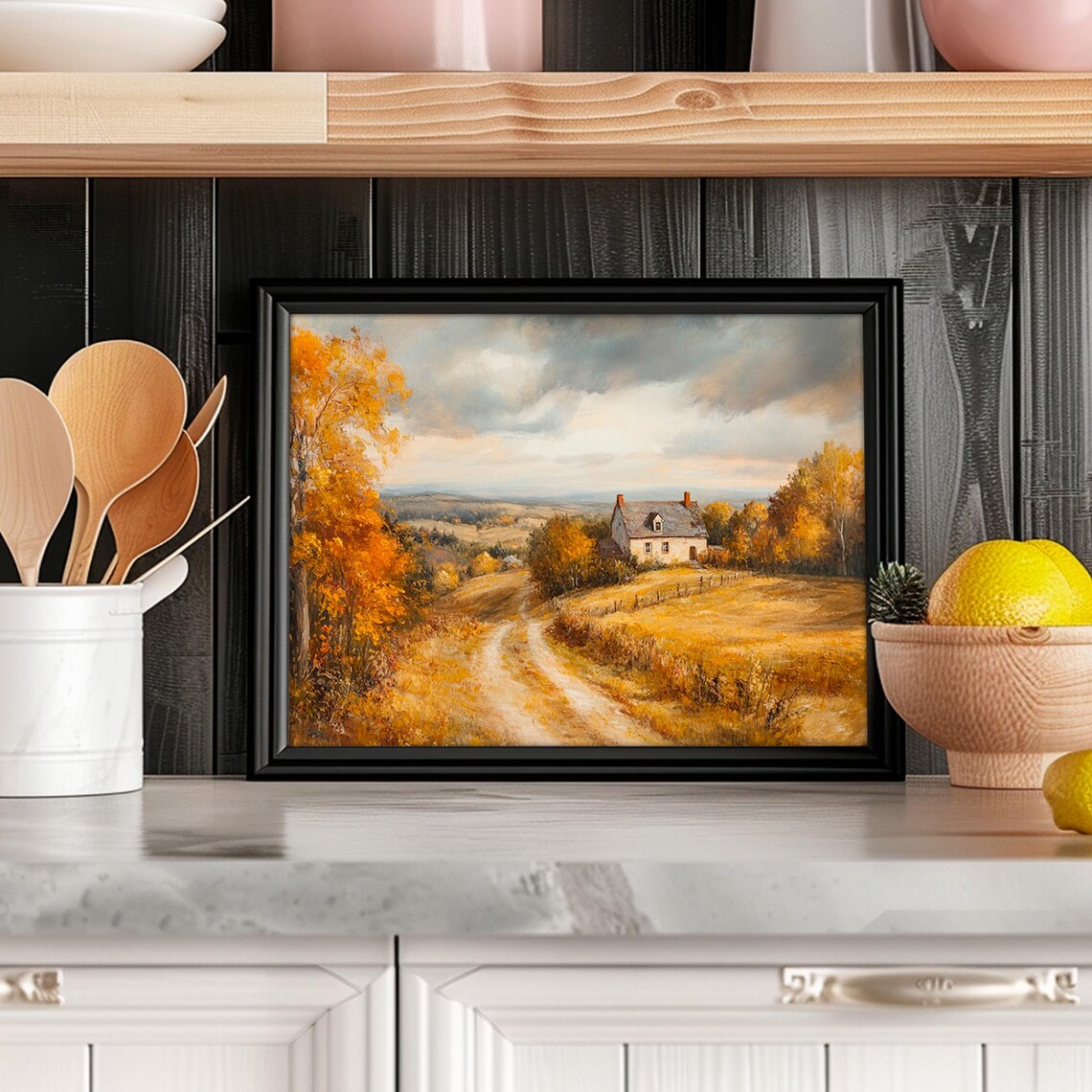 Autumn Country House Dirt Road Stormy Sky Fall Landscape Painting Poster - Image 3