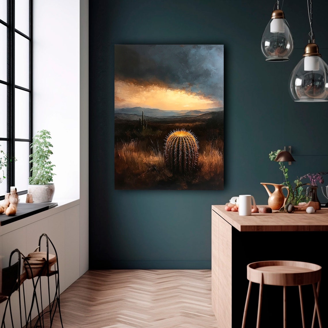 Golden Barrel Cactus Desert Sunset Moody Southwest Desert Poster - Image 2