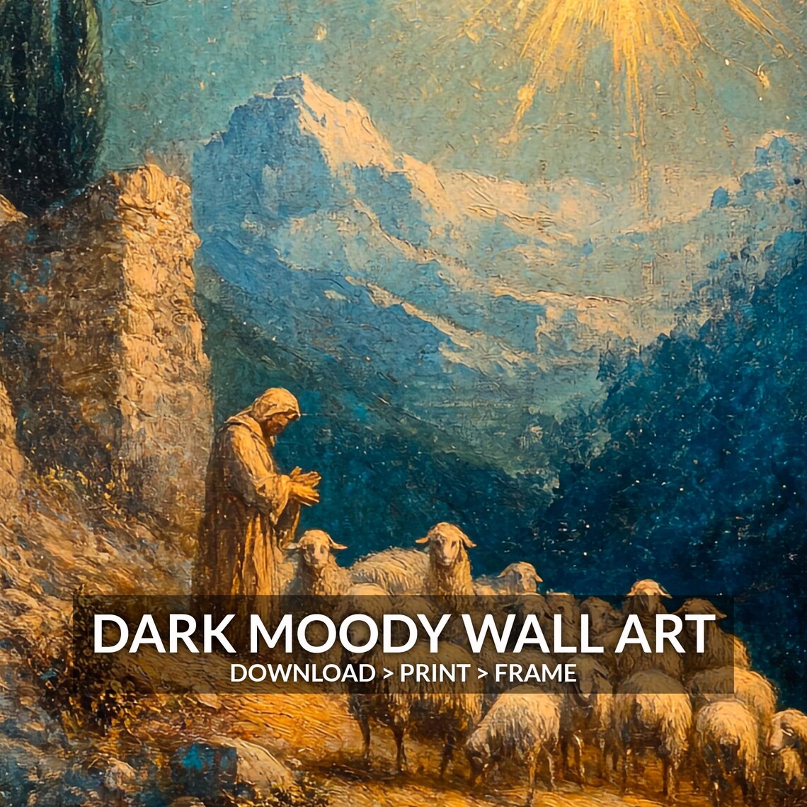 Shepherd With Sheep Under Blazing Star Rocky Hillside Night Wall Art - Image 6