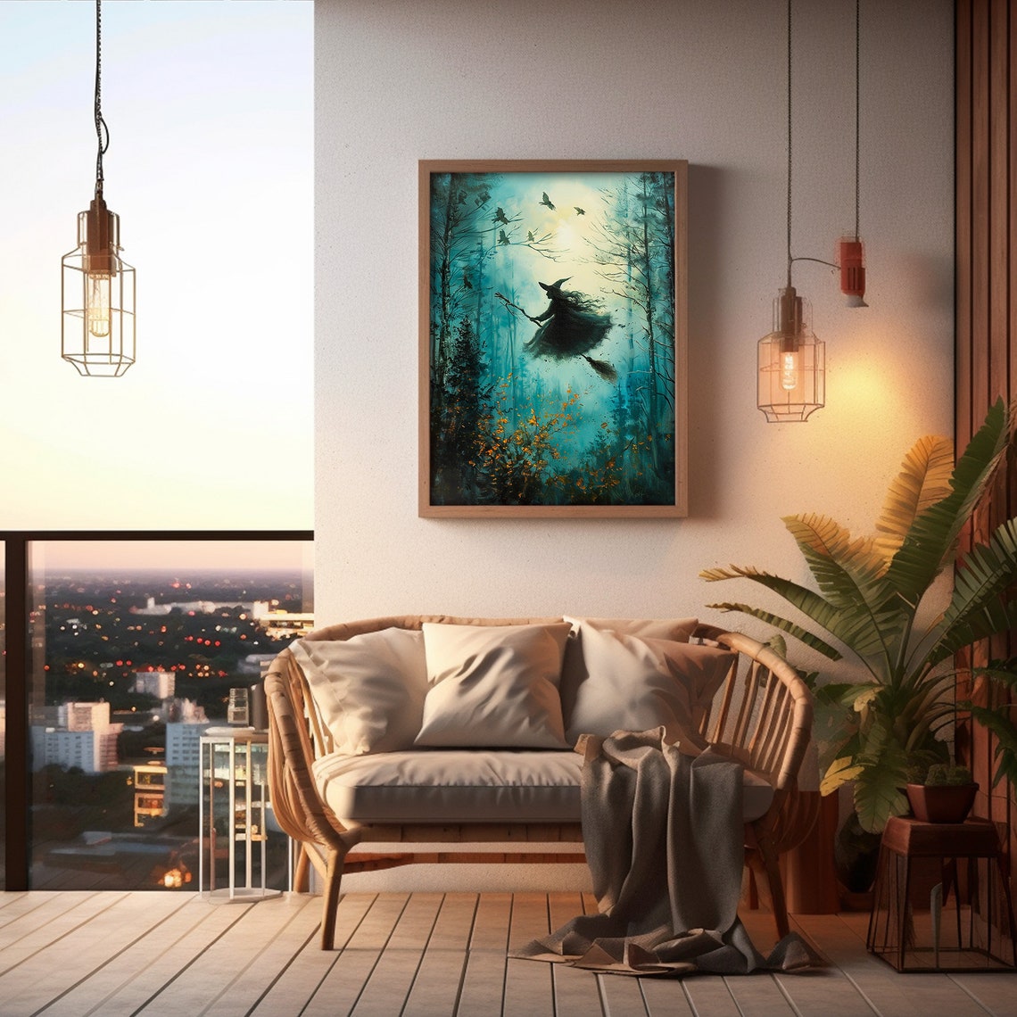 Witch Flying On Broom Through Forest Night Halloween Art Poster - Image 5