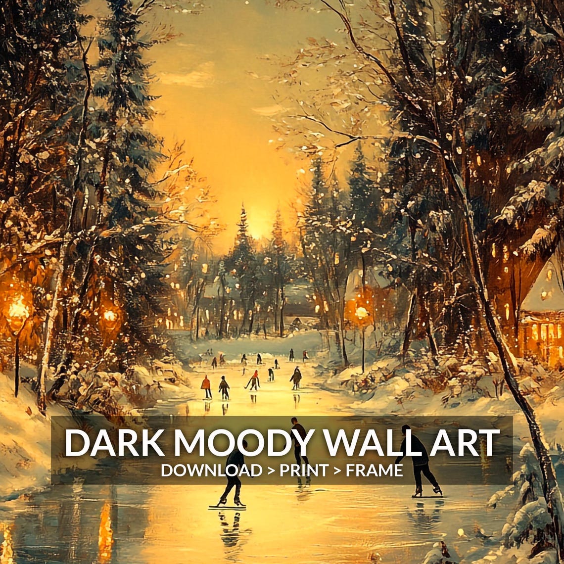 Sunset Frozen River Skaters Snowy Pines Winter Painting Poster - Image 6