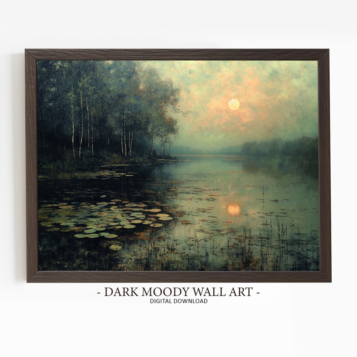 Misty Pond Water Lilies Birch Trees Sunset Glow Landscape Poster