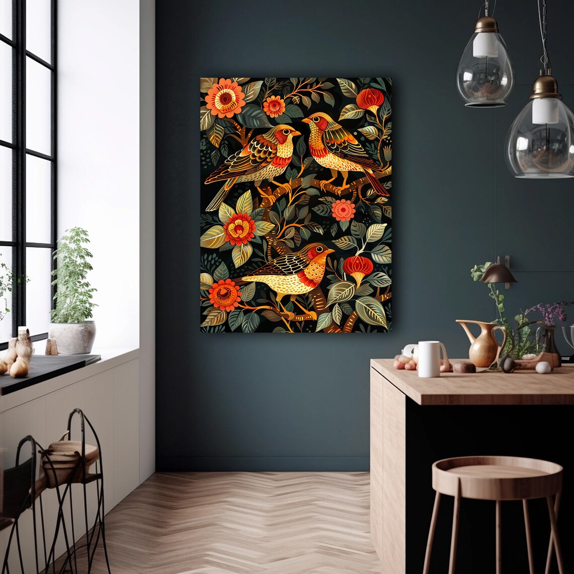 Colorful Folk Art Birds with Flowers Russian Khokhloma Style Poster - Image 6