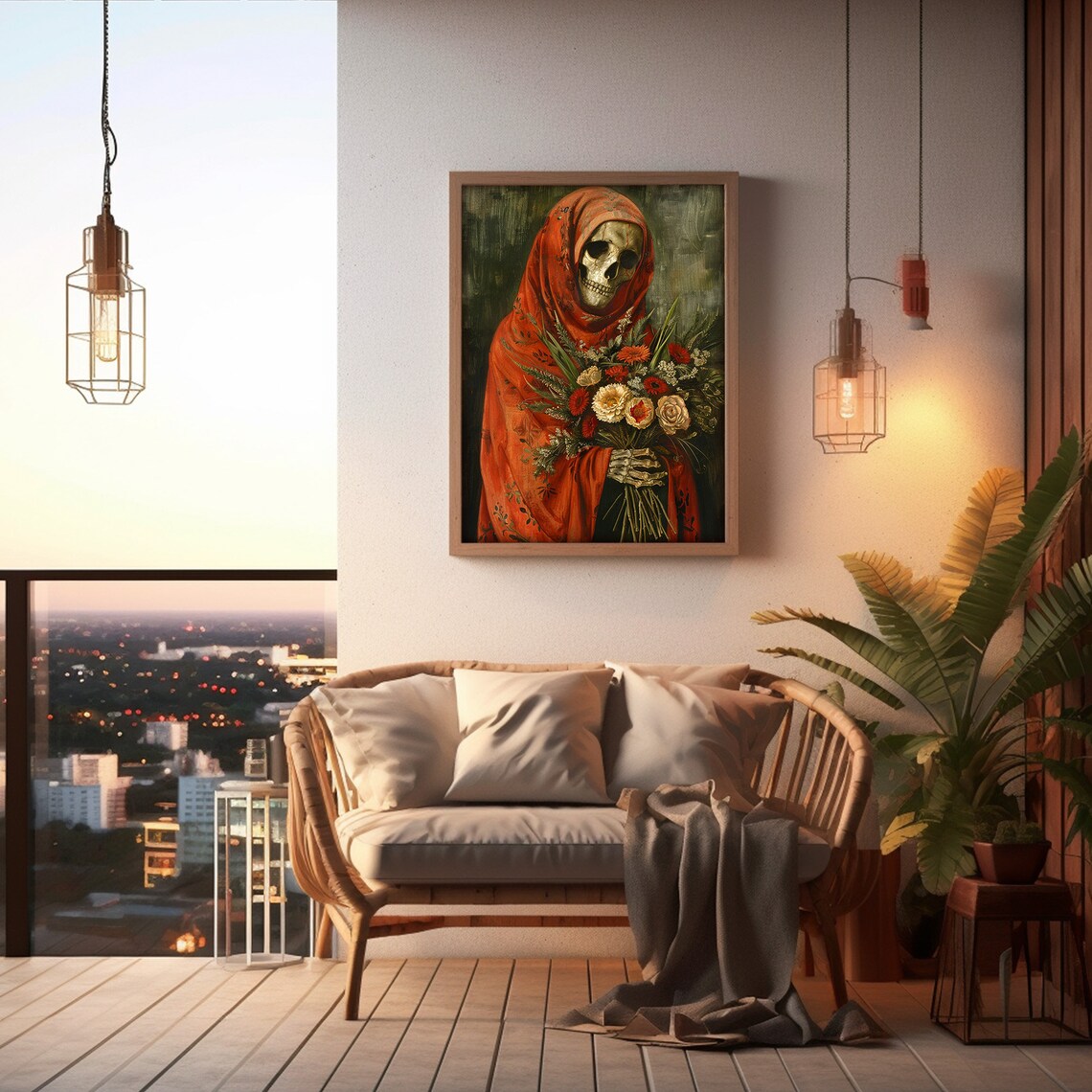 Santa Muerte Skeleton Red Robe Flower Bouquet Folk Art Poster - Image 4