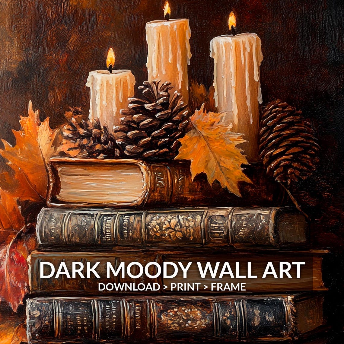 Vintage Books Three Candles Autumn Pinecones Moody Still Life Poster - Image 6
