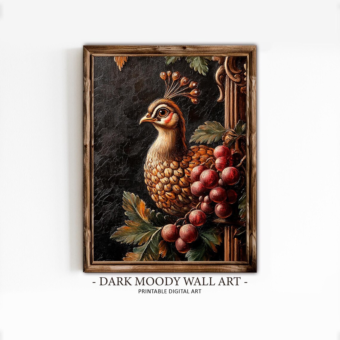 Vintage Peacock Autumn Grapes Dark Ornamental Bird Portrait Poster - Image 2