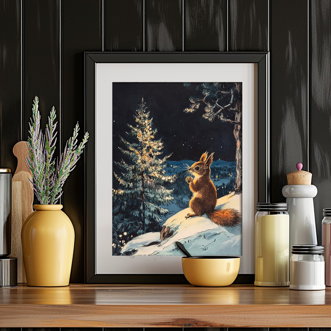 Red Squirrel Snowy Night Forest Storybook Animal Painting Poster - Image 4