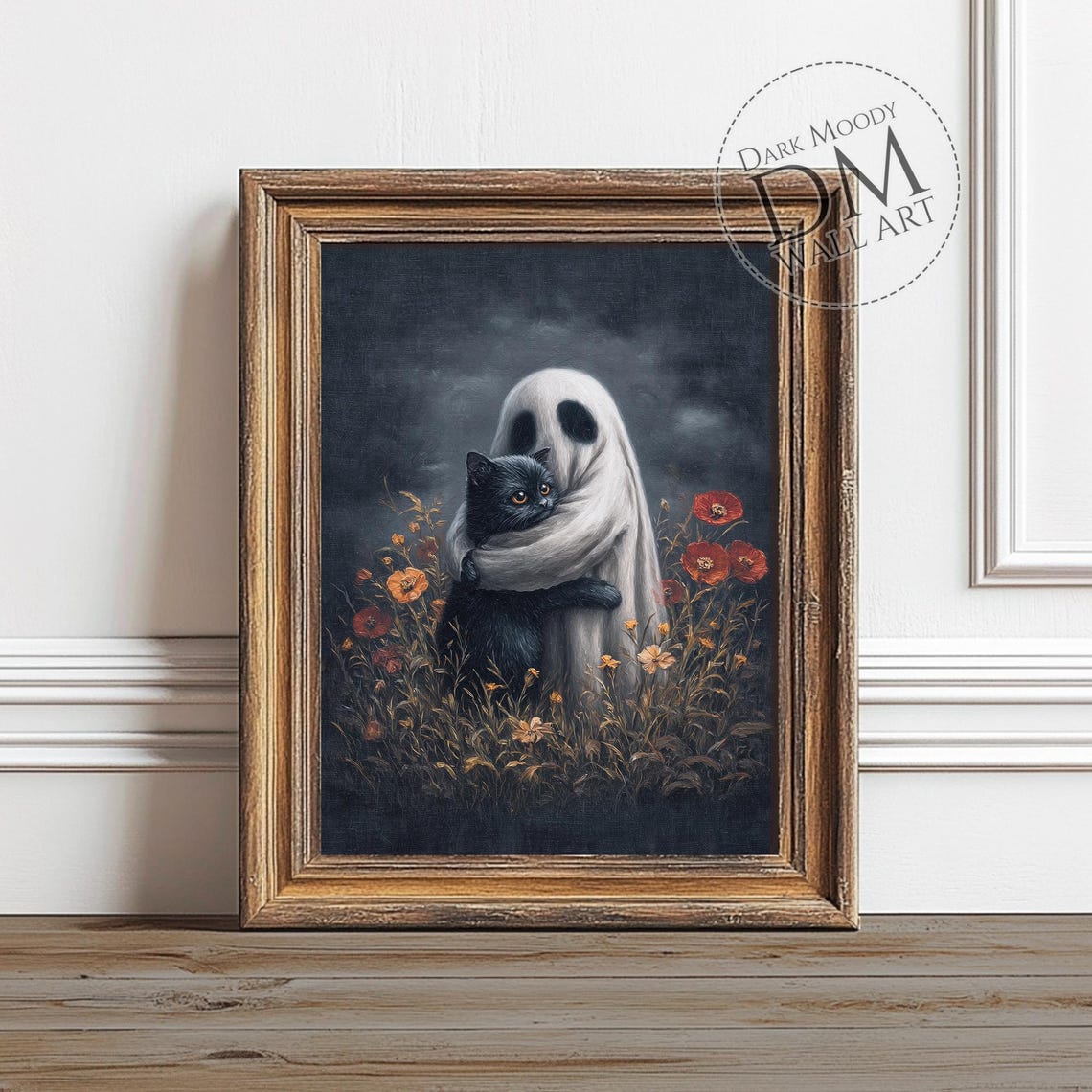 Ghost Hugging Black Cat in Poppy Field Dark Moody Poster Art