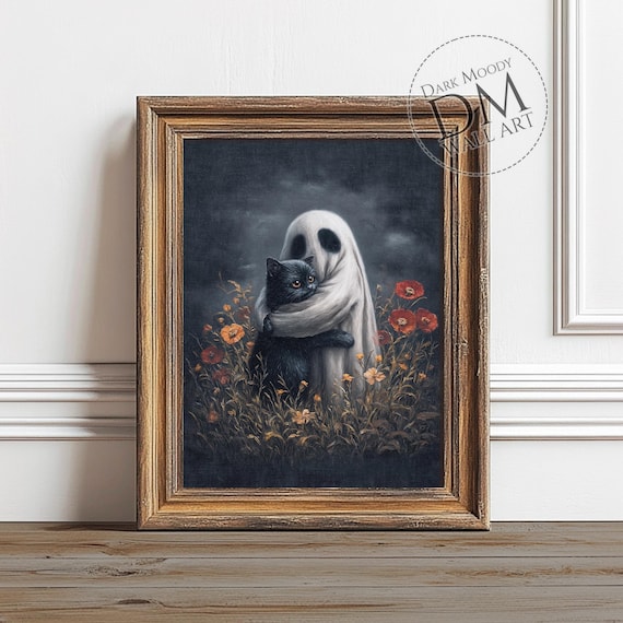 With Black Cat Wall Art Gothic Floral Halloween Print