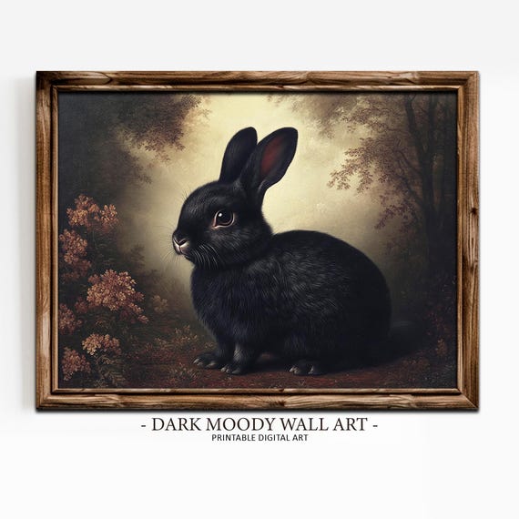 Antique Black Rabbit Art Print, Vintage Dark Academia