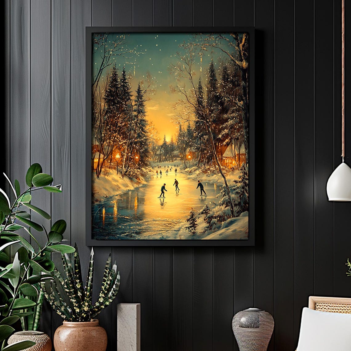 Sunset Frozen River Skaters Snowy Pines Winter Painting Poster - Image 5