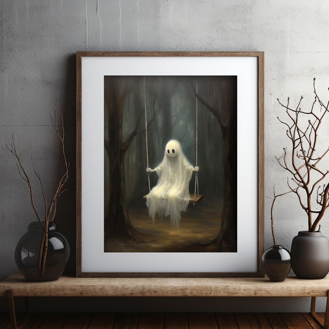Cute Ghost on Rope Swing in Dark Forest Moody Halloween Painting Poster - Image 2