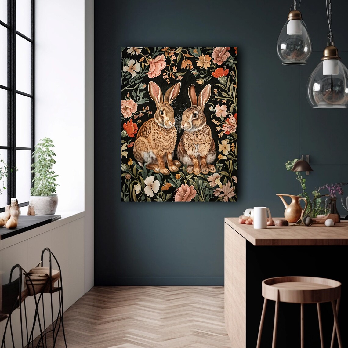 Two Bunny Rabbits Floral Vintage Style Dark Garden Painting Poster - Image 5