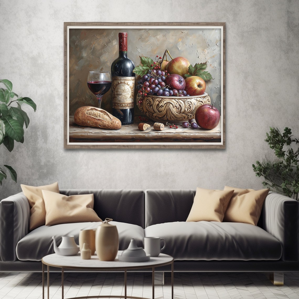 Vintage Wine Bottle Fruit Bowl Still Life Oil Painting Wall Art - Image 2