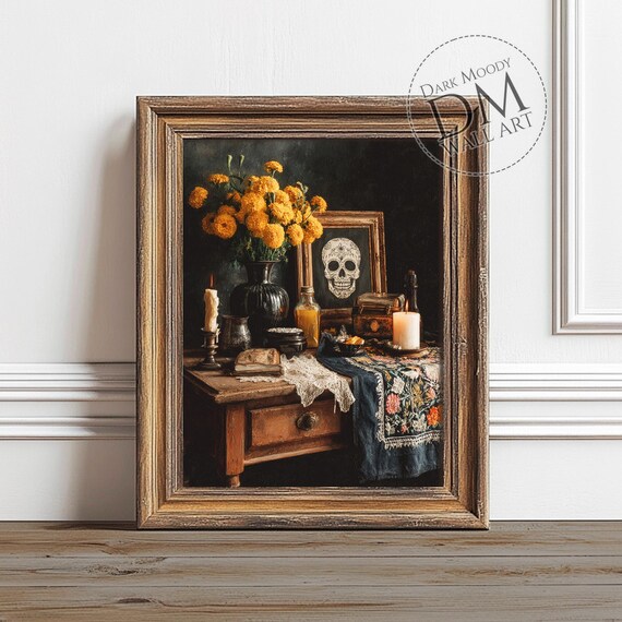 Dia De Muertos Altar Wall Art Mexican Folk Skull Marigold Decor