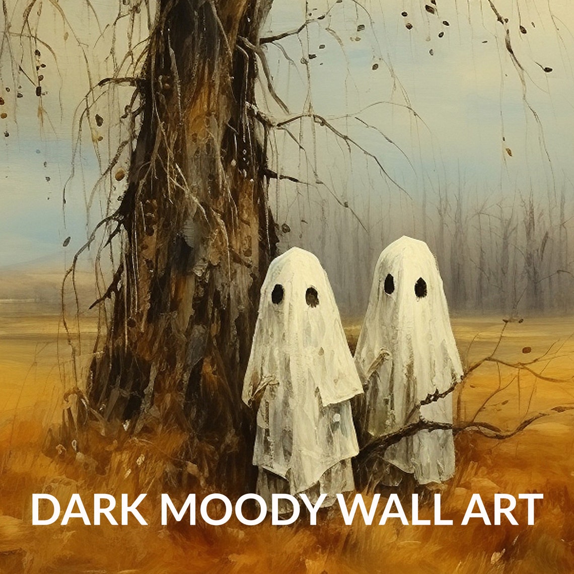 Cute Ghost Print Moody Haunted Halloween Art Gothic Ghost Couple Under Tree Painting Decor - Image 6