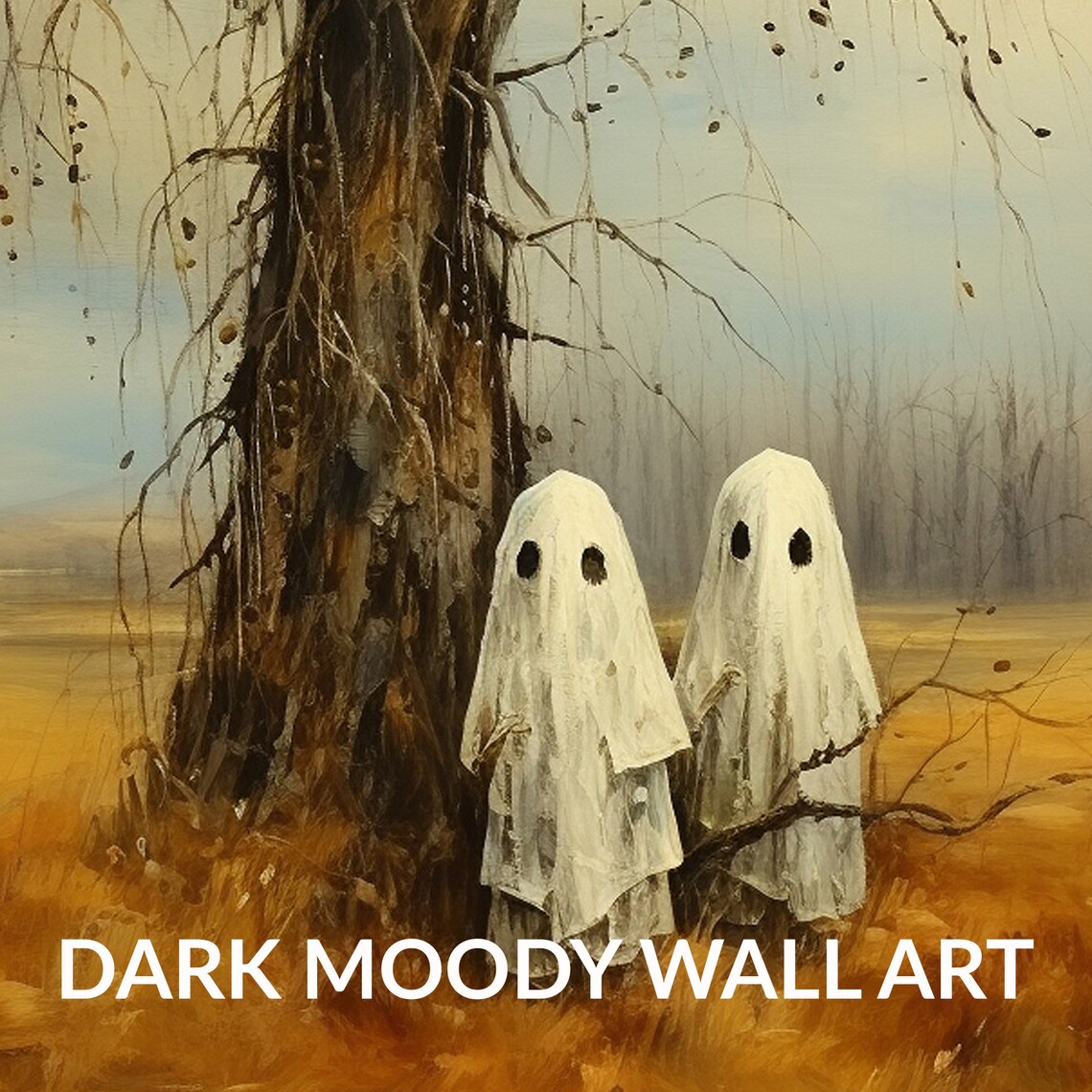 Two Cute Ghosts Under Bare Tree in Golden Autumn Field Halloween Painting Poster - Image 6