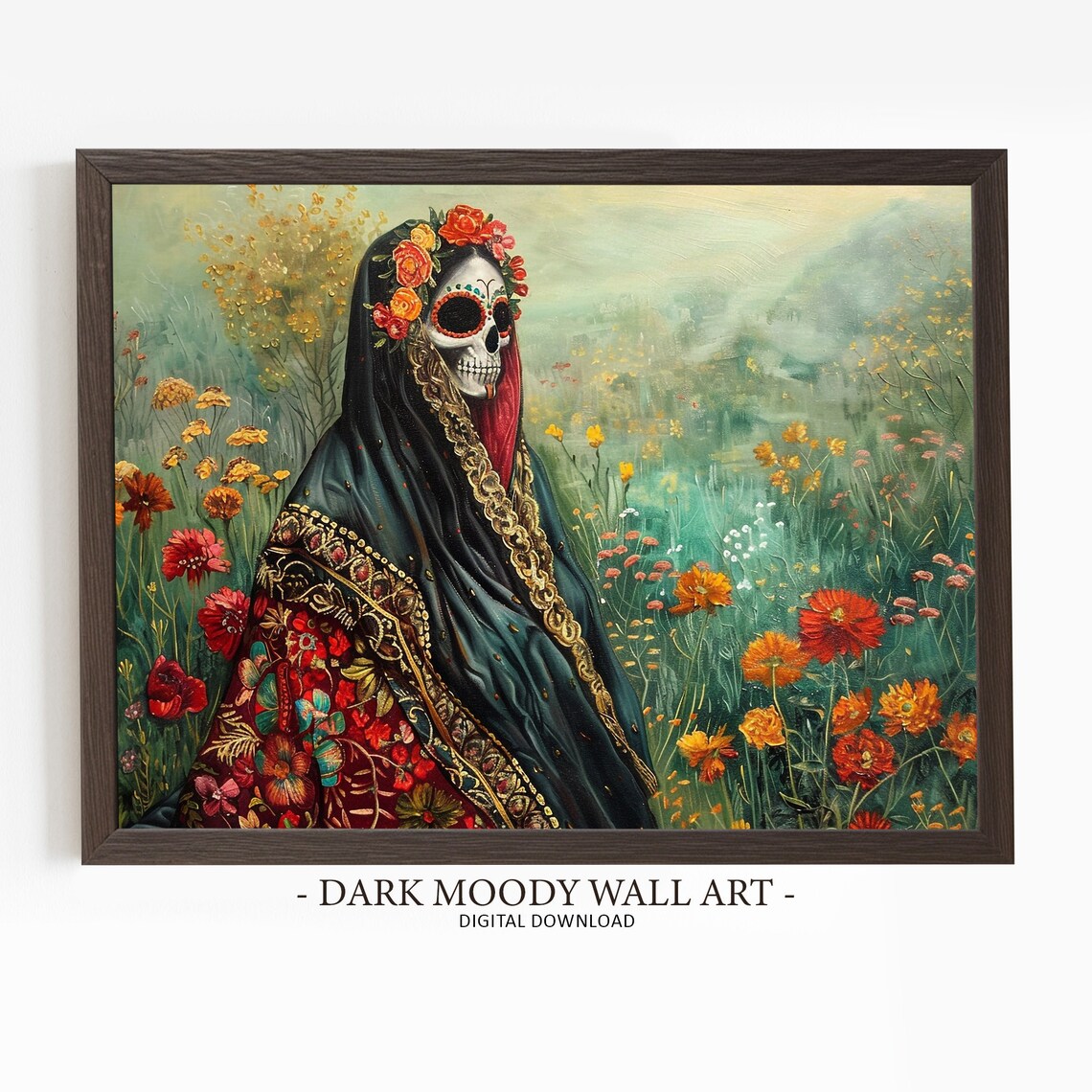 Calavera Catrina with a Flower Crown in a Wildflower Field Art Poster