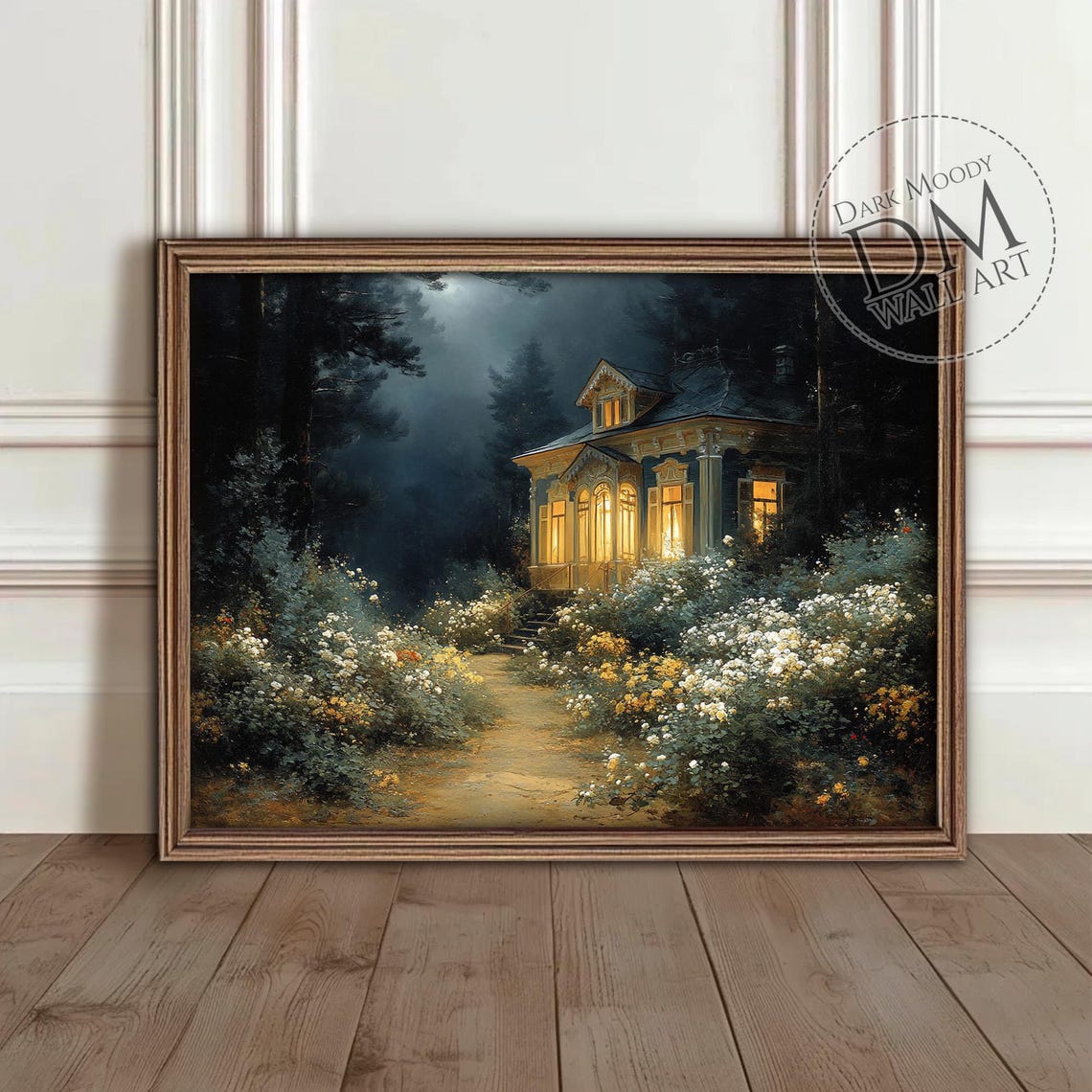 Gothic Cottage Night Wall Art Moody Forest House With Flowers