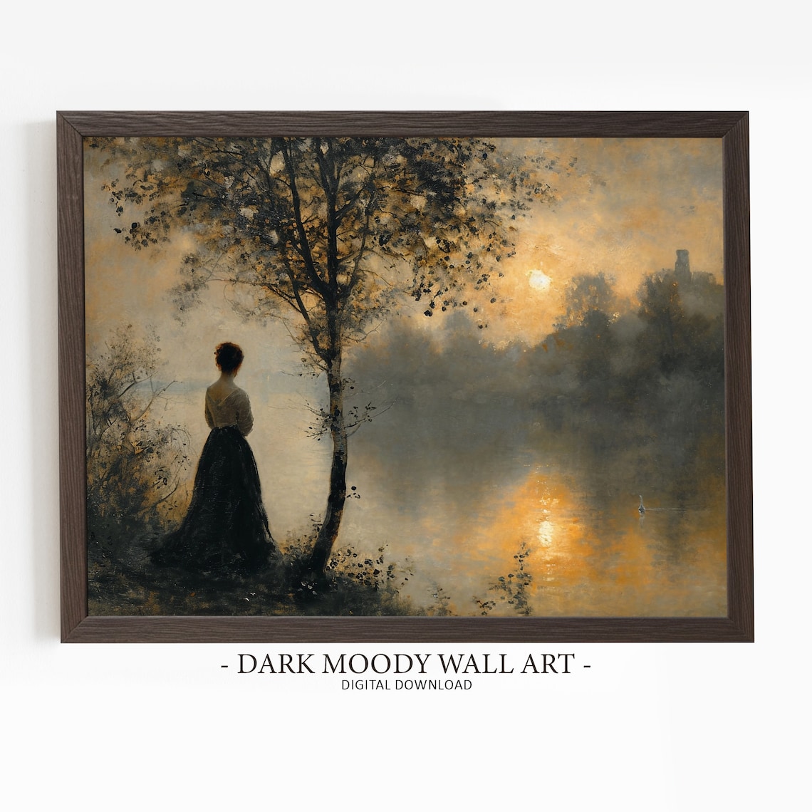 Woman in Long Dress by Lake at Golden Sunset Romantic Fall Painting Poster