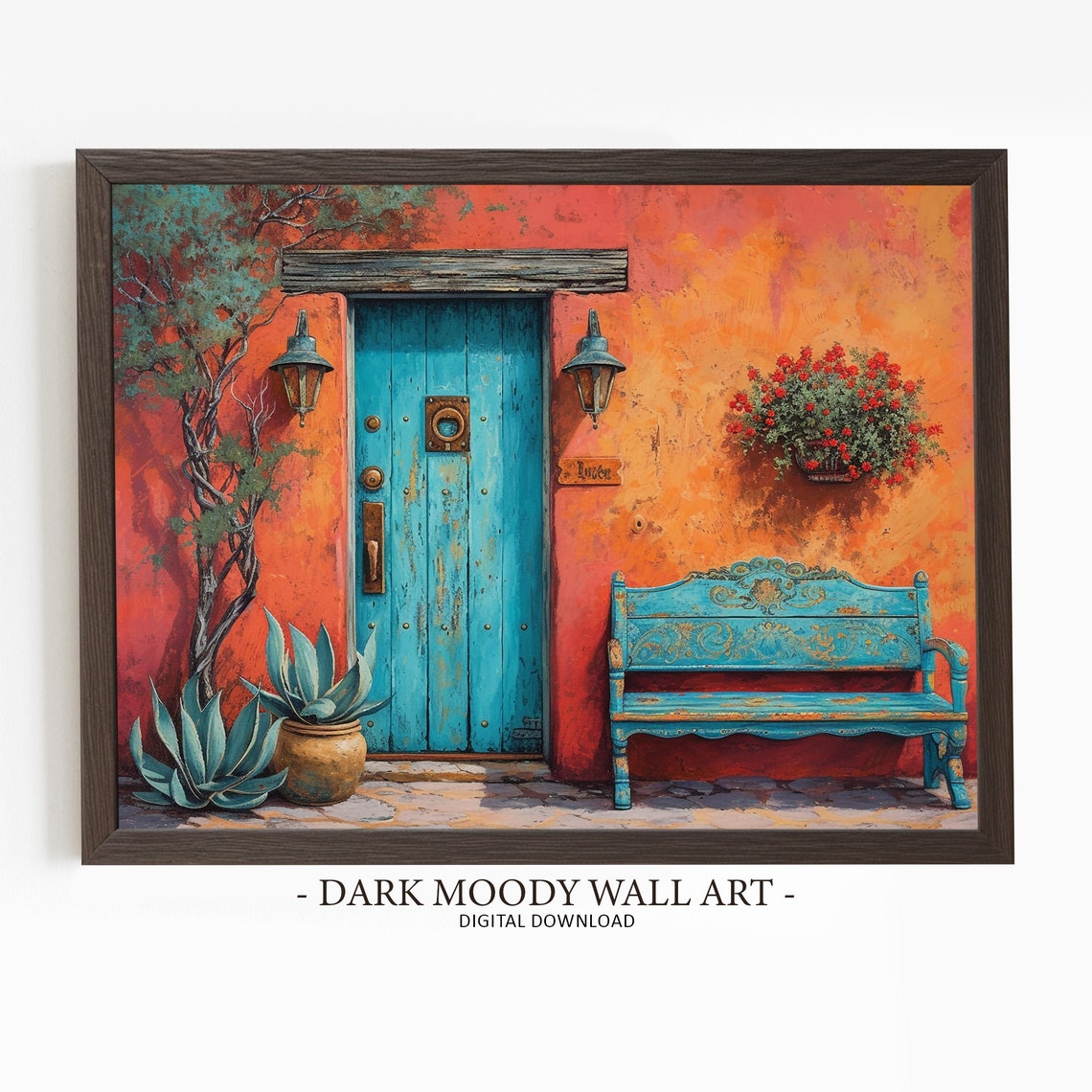 Turquoise Wooden Door Orange Wall Rustic Courtyard Bench Wall Art