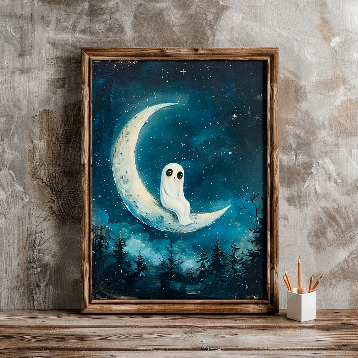 Cute Ghost Sitting On Crescent Moon Starry Night Sky Art Print - Image 4