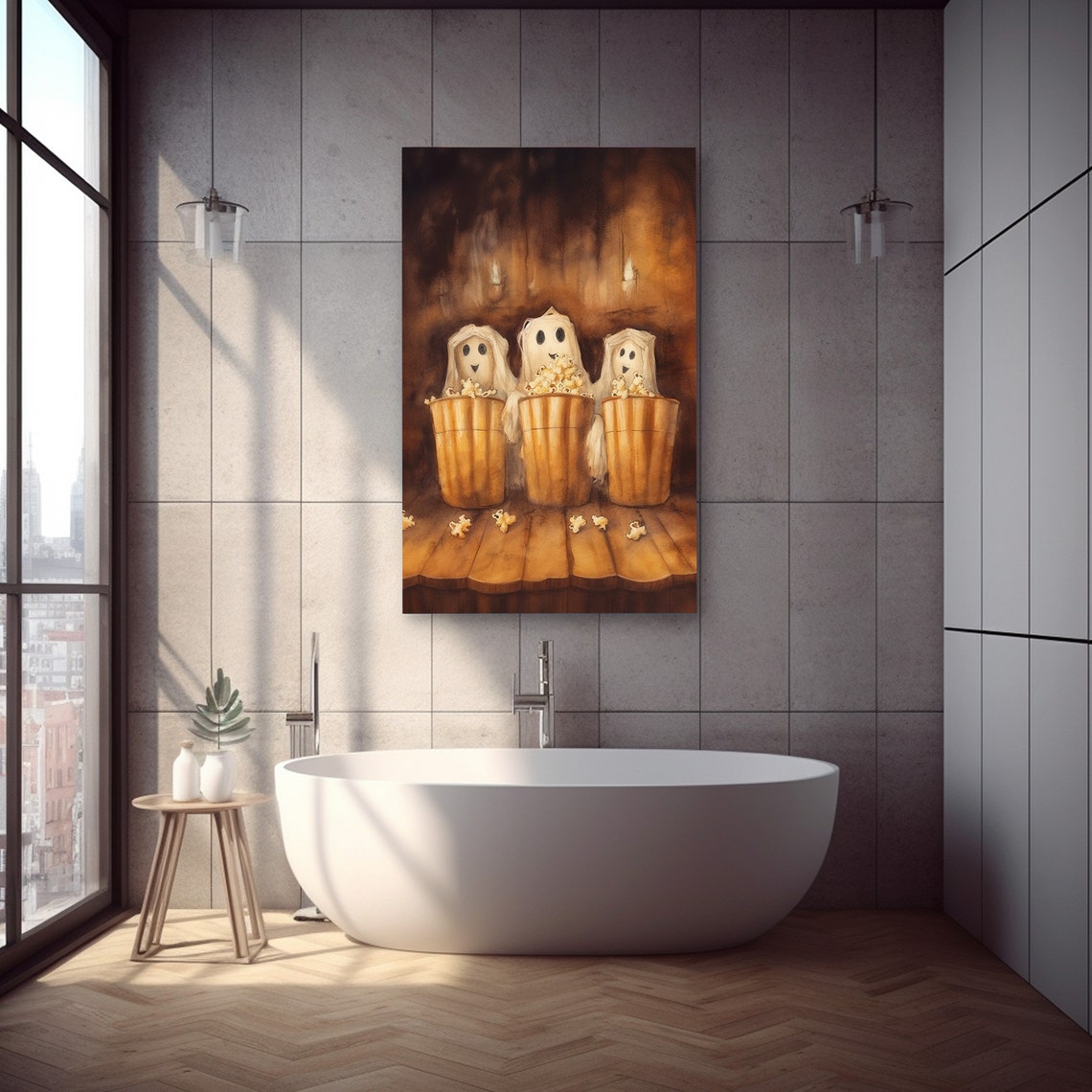 Cute Ghost Print Moody Haunted Halloween Art Gothic Ghost Eating Popcorn Painting Decor - Image 2