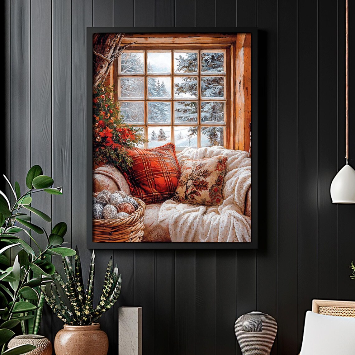 Winter Window Nook Knitting Yarn Plaid Pillows Cozy Scene Poster - Image 4