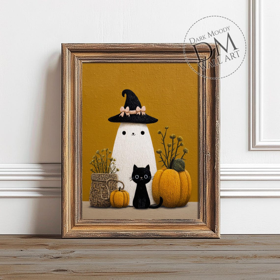 Cute Ghost in Witch Hat Black Cat Pumpkins Halloween Wall Art