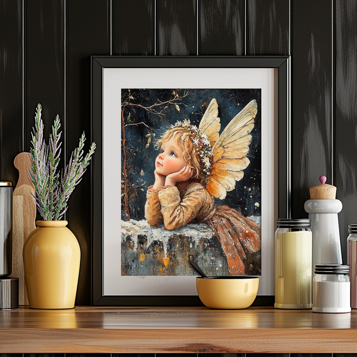 Angel Child Resting On Snowy Stone Wall Dreamy Painting Poster - Image 4