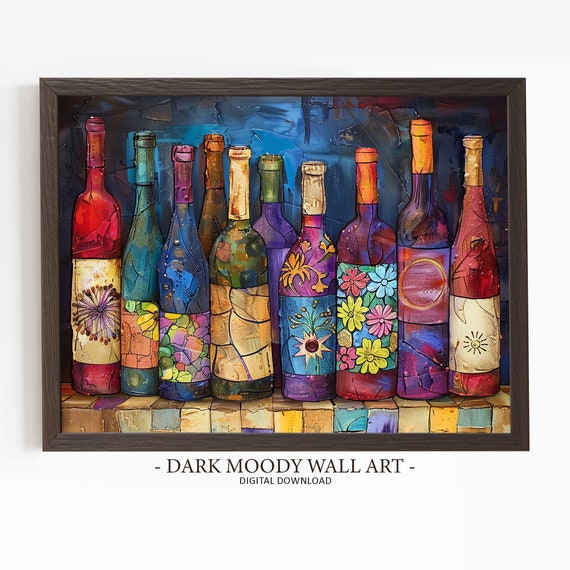 Colorful Wine Painting Bar Wall Art Kitchen Art Print Dark Moody Art Wall Art