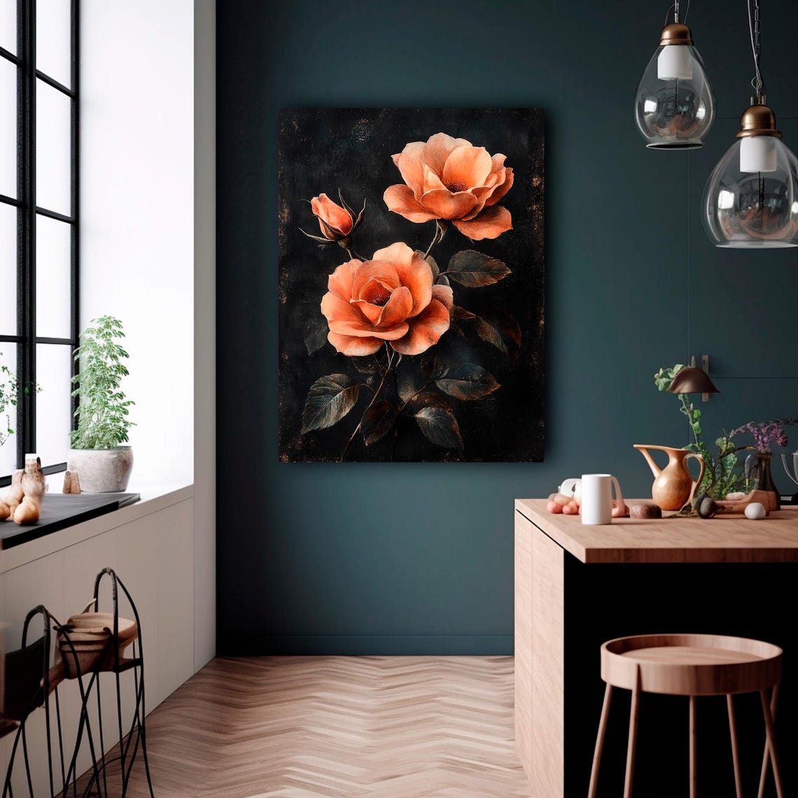 Coral Rose Blooms Dark Moody Vintage Botanical Artwork Poster - Image 4