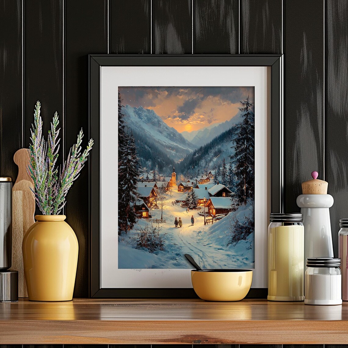 Golden Sunset Over Snowy Mountain Village Winter Evening Wall Art - Image 2