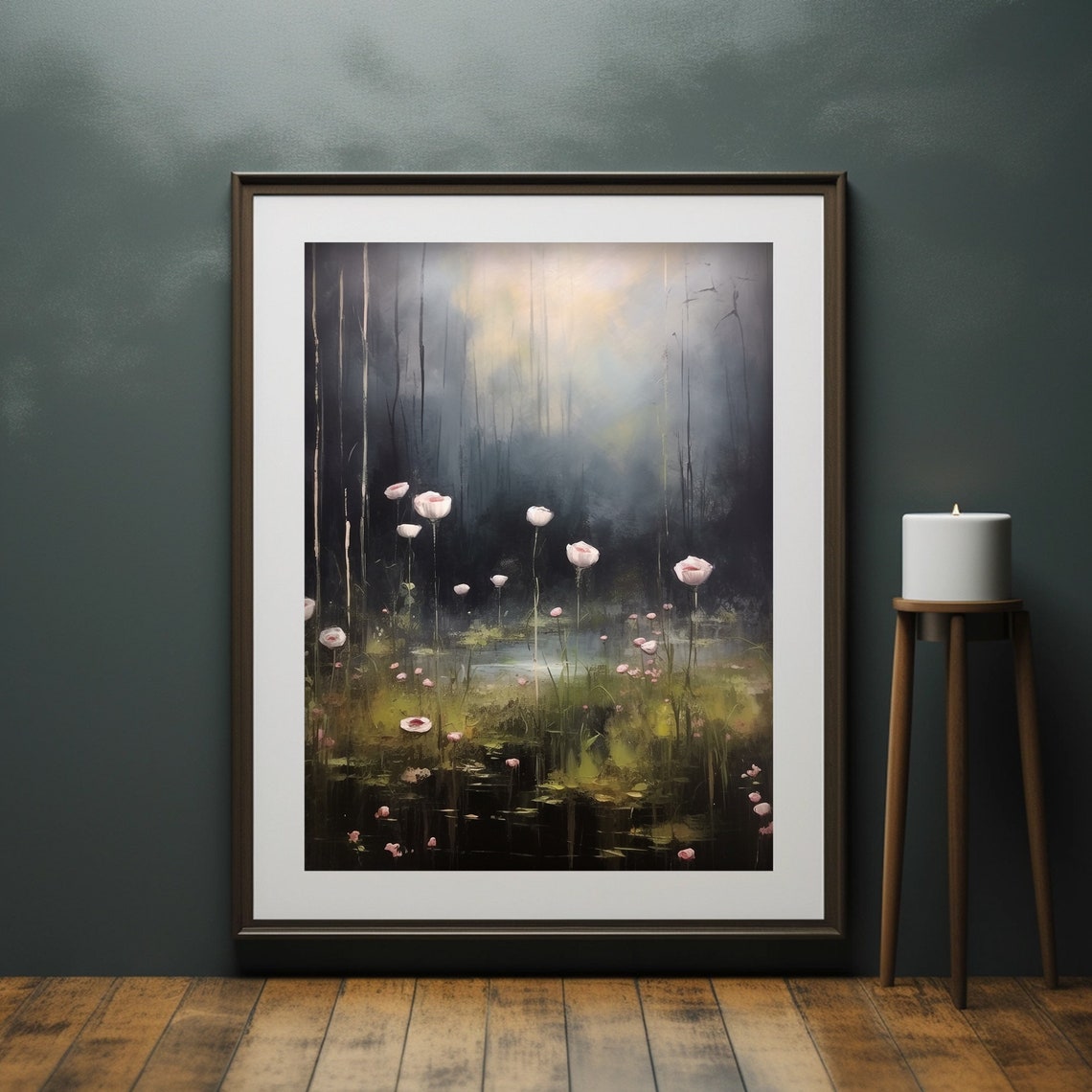 Lake Flowers Dark Moody Wall Art Wildflower Painting - Image 4