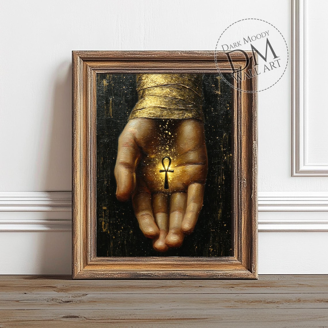 Golden Hand Holding Glowing Ankh Egyptian Symbol Dark Gothic Art Poster