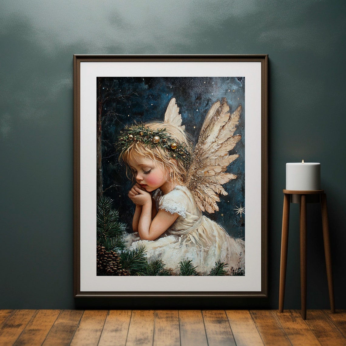 Praying Angel Child Pine Boughs Starry Night Painting Poster - Image 2