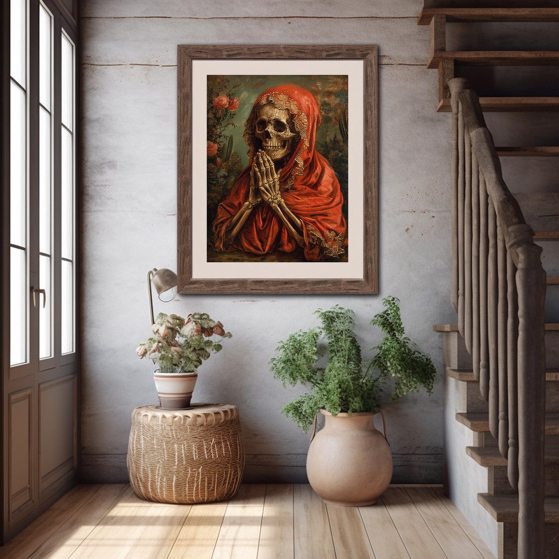Praying Skeleton Red Shawl Roses Dia de los Muertos Art Poster - Image 5