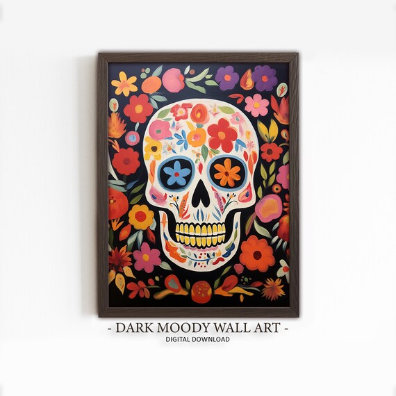 Colorful Sugar Skull Dia De Los Muertos Folk Art Painting Poster