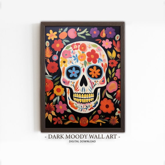 Sugar Skull Print Dia De Los Muertos Mexican Colorful Folk Art Painting Wall Art Matisse Style