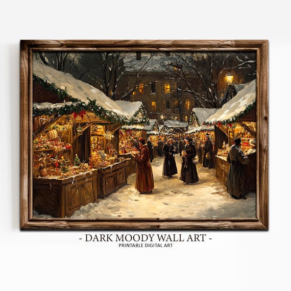 Victorian Christmas Market Print Vintage Town Scene Wall Art Village Street Moody Painting
