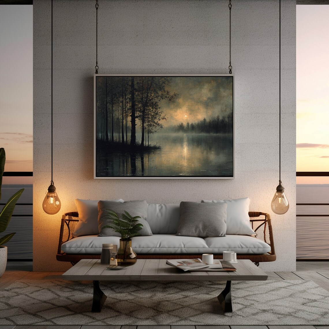Moody Lake At Dusk Forest Landscape Art Print - Image 2